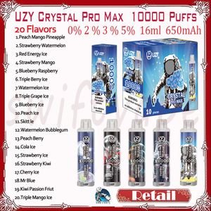 Retail UZY Crystal Pro Max 10000 Puff Disposable E Cigarette 650mAh Rechargeable Battery 20 Flavors 16ml 0% 2% 3% 5% 10k Puffs Vapes Pen