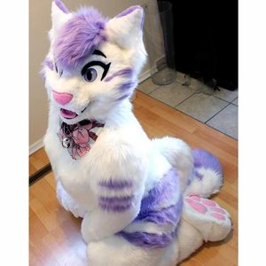 2024 venda quente roxo branco fursuit cão raposa mascote traje carnaval festa palco desempenho vestido extravagante para homens feminino traje de halloween