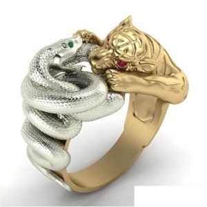 Solitaire Ring Punkboy Creative Rings for Men Snake Tiger Panther Battle Fighting Design Male Punk Fashion Hip Hop Animal Party Jewe Dh6vy