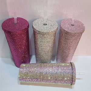 Vattenflaska Dubbelskikt Plastisk resebil Vatten kopp Rhinestone Sparkling Sippy Cups Drick kaffemugg presentmugg med halm CU 240304