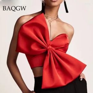 Kvinnors T -skjortor Autumn Fashion Big Bow Design beskurna toppar för kvinnor Korea Style Högkvalitativ fast färg Sexig inslagen brösttank