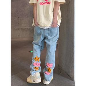 American Retro Nisch Design Letter broderade jeans män high street smala raka casual byxor par Haruku Joker byxor