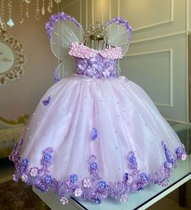 Princess Ball Gown Girls Pageant Dresses Off Shoulder Handmade 3D Flowers Pearls Butterflies Organza Kids Prom Gowsn Birthday Firl Flower Dress Custom Made Made Made