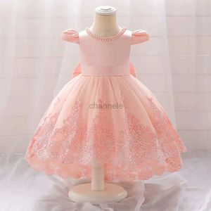 Flickans klänningar Pink Prom Dress Girls Dress med blommor ärmar Cap Birthday Party Application With Asymmetrical Princess Wedding 240315