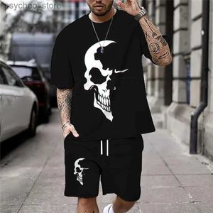 Herrespår sommar ny casual mens skalle tryck t-shirt set mode street kläder t-shirt lös andas mjuka korta ärmar och shorts q240314