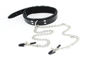 Bondage Gear PU Leather Metal Slave Neck Collar with Nipple Clip Clamps Breast Clit Clamps BDSM Fetish Sex Toys 2503574