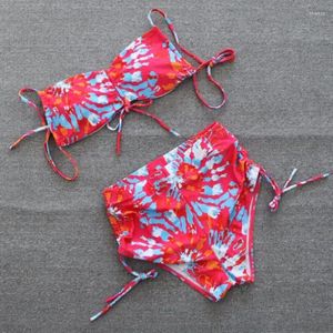 Mulheres Swimwear 2024 Yiiciovy Mulheres Strapless Floral Impressão Maiô Backless Bikini Set Off-Ombro Sem Mangas Alta Espera Beachwear