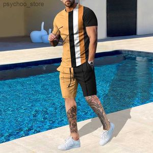 Мужские спортивные костюмы Летние модные мужские повседневные пляжные шорты, комплект из 3D полосатой футболки с короткими рукавами с 3D-принтом и круглым вырезом, комплект из 2 предметов для мужской одежды Q240314