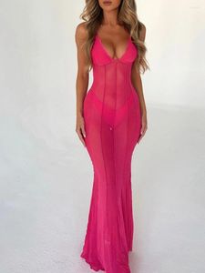 Casual Dresses Women Sheer Lace Maxi Dress Sleeveless Spaghetti Strap Cutout Bodycon Long See Through Mesh Partywear