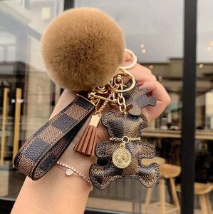 Designer Bear keychain for women pompom Plush car key decorative pendant accessory girls like classic grid metal buckle ring checkerboard ROOB