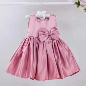 Vestidos da menina curto meninas vestido de flor rosa cetim gola quadrada joelho linha com vestidos de aniversário grandes arco vestidos sem mangas 240315