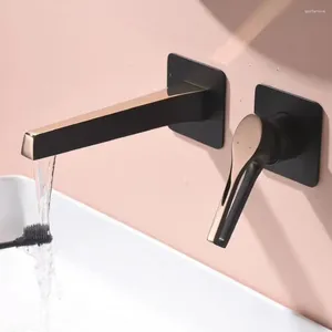 Badezimmer Waschbecken Wasserhähne Schwarz Rose Gold Wand montiert Becken Wasserhahn Messing faltbar und Wasserhähne Einhand-Doppelloch-Mischbatterie kalt