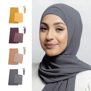 Chiffon Hijab With Matching Inner Cap Muslim Women Hijab Headscarf Chiffon Long Shawl With Match Color Jersey Inner Caps 240301