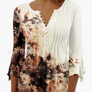 Kvinnor Small Shirt Spring/Summer Fashionable New Womens Floral Print V-Neck Kort ärm veckad knapp upp liten skjorta