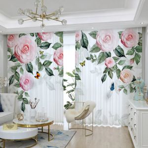 Gardiner Ny voile gardinrosa pion pionrosa grönt blad transparent 3d tryck tyll gardin sovrum vardagsrum floortoceiling fönster 2 st