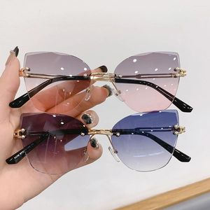 Solglasögon 2024 Rimless Luxury Fashion Cat Eye Women Glasögon Blue Shades Lunette de Soleil Femme Gafas Sol Mujer Lentes