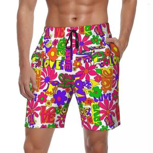 Mens Shorts Vintage Peace 60s Gym Summer Floral Print Surfing Beach Men Fast Dry Stylish Design Plus Size Swim Trunks