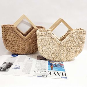 Nova bolsa lua portátil, bolsa tecida com corda de papel de fio dourado, bolsa tecida de grama para férias e lazer, alça de madeira de grande capacidade, bolsa feminina de praia 240315