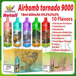 RETAIL Original Airbomb Tornado 9000 Puff Disposable E Cigarettes 18ml Pod 600mAh Battery Rechargeable Electronic Cigs 0% 2% 3% 5% 9K Puffs Vapes Pen