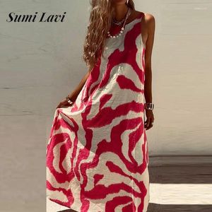 Abiti casual da donna ampio orlo largo modello moda spiaggia stampato senza maniche abito lungo estivo da donna scollo a V spacco senza schienale