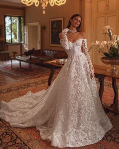 Elegante fora do ombro vestido de casamento renda arábia saudita uma linha até o chão bordado vestido de noiva manga longa robe de mariage