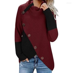 女性用セーター秋の冬のパッチワークボタン長袖セーター女性ニットビンテージタートルネック不規則な特大プルオーバー