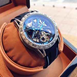 Mens Hollow Out helautomatisk mekanisk klocka Tourbillon Waterproof Night Glow Handsome Swiss Fashion Military Men