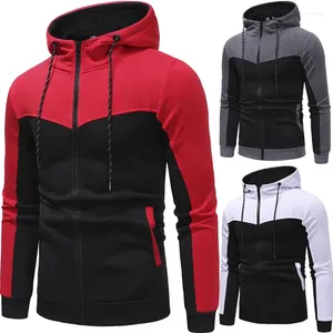 Hoodies masculinos 2024 outono/inverno splice design casual fino ajuste zíper com capuz cor bloco camisola