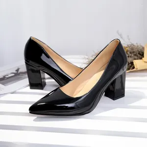 Dress Shoes Luxury Women Red Pumps Black 7.5cm High Heels Lady Patent Leather Shallow Thick Heel Autumn Pointed Slip-On Female