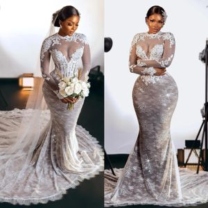 Stunning Mermaid Lace Wedding Dresses Plus Size Bridal Gowns Long Sleeves Appliques Jewel Neck Dot Tulle Vestido De Novia