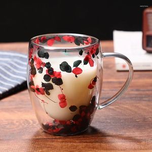 Copos de vinho flor preta alta borosilicato parede dupla flores copo de vidro seco canecas com alça resistente ao calor xícaras de café de chá