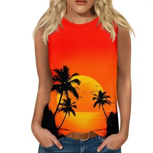 Serbatoi da donna Moda Casual Hawaiano Stampato Girocollo Gilet senza maniche T-shirt Top Donna T-shirt 2024 Donna