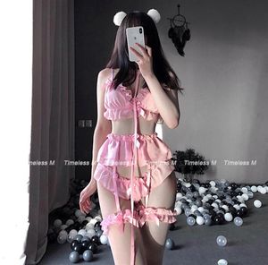 Sexy Dessous, süße weiße Rüschen, Spitze, Damen, Kawaii, Babydoll, Lolita, Damen-Set, weiches Mädchen, schwarzer Pyjama, rosa Cosplay-Kostüme CX20072895871