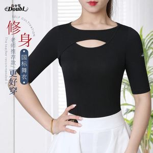 Abbigliamento da palco Doppio ballo da sala Top Donna Adulta Nero Manica media Abito estivo Danza Abbigliamento latino di marca professionale