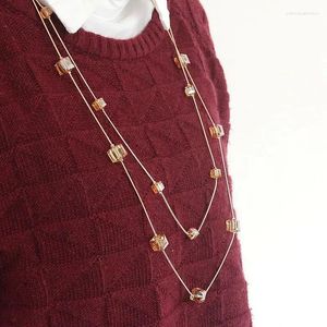 Naszyjniki wiszące koreańskie podwójnie warstwy kryształowy naszyjnik regulowany łańcuch swetra linku do biżuterii na festiwal dla kobiet