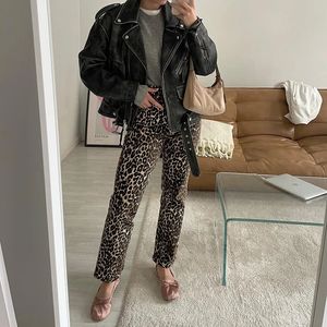 Leopard Print Denim Jeans Frauen Y2K Casual Hohe Taille Lose Bleistift Hosen Harajuku Streetwear Elegante Weibliche Gerade Hosen 240313