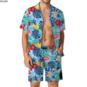 New European Mens Casual Loose Shirt Set Hawaii Beach 3D Digital Print Maniche corte