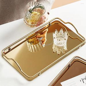 Bandejas de chá luz luxo metal banhado a ouro retangular espelho bandeja armazenamento recipiente cosméticos para talheres serviço decoração mesa