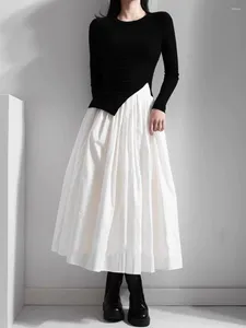 Kjolar elegant vit lång kjol veckade kvinnor vintage hög midja kvinnlig höst vinter harajuku mode y2k