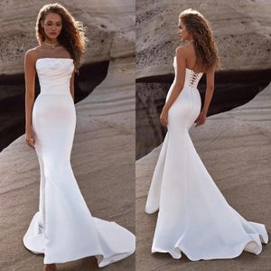 Milla Nova Mermaid Wedding Dresses Strapless Satin Wedding Dress sweep train Lace Up Back wedding bridal gowns YD