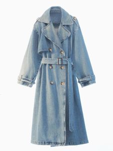 Rr2418 xlong denim trench coats para mulheres cinto na cintura magro jean senhoras jaqueta feminina jaqueta azul mulher 240309