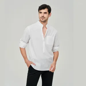 Camisas casuais masculinas 2024 homens manga longa pulôver blusa primavera estilo formal henry pescoço lazer camisa cor sólida botão tops masculino