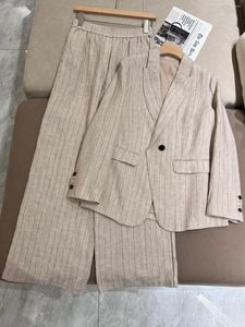 Kvinnors tvåstycksbyxor Spring 2024 kostym Stripe Linen Blazer Jacket sätter höga midja breda benbyxor kvinnliga kläder