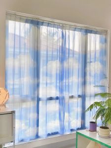 Curtains Blue Sky Art Pattern Bedroom Transmitting Curtains Photo Background Wall Hanging Cloth Door Partition Drape Decoration