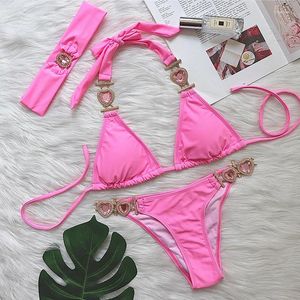 Costume da bagno da donna Costume da bagno bikini sexy rosa con strass a cuore Costume da bagno donna push up da donna Costume da bagno da spiaggia Costumi da bagno Piscina bagnante