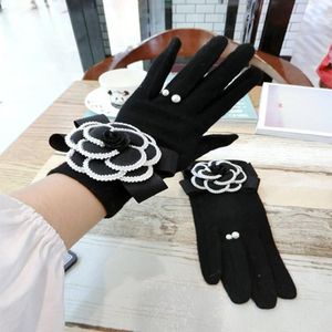 Five Fingers Gloves Black Camellia Cashmere And Korean Fashion Houndstooth Mink Hair Cute Flowers Warm Touch Screen Women301B