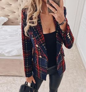 Misswim Elegant Tweed Red Plaid Blazer Women Autumn Winter Double Breasted Blazer Coat Memale Fashion Office Ladies Outwear New1842357