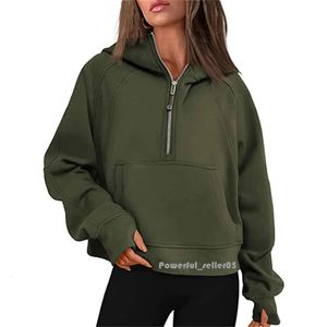 Lu-43 outono inverno yoga terno mergulho com capuz meia zip camisola esportiva feminina solta ginásio jaqueta de fitness curto casaco de pelúcia moletom 9909