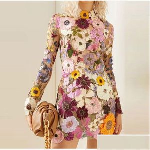 Vestidos casuais básicos bordado floral elegante luxo mulheres mini vestido meia gola alta manga longa 2023 primavera festa de noite senhora dhnnw