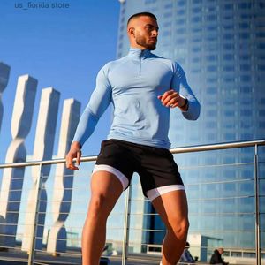 Men's T-Shirts New Spring Half Zip Top Tights Long Slve Fitness T-shirt Quick Dry Training Running Elastic Fabric With Rotator Slves Y240315